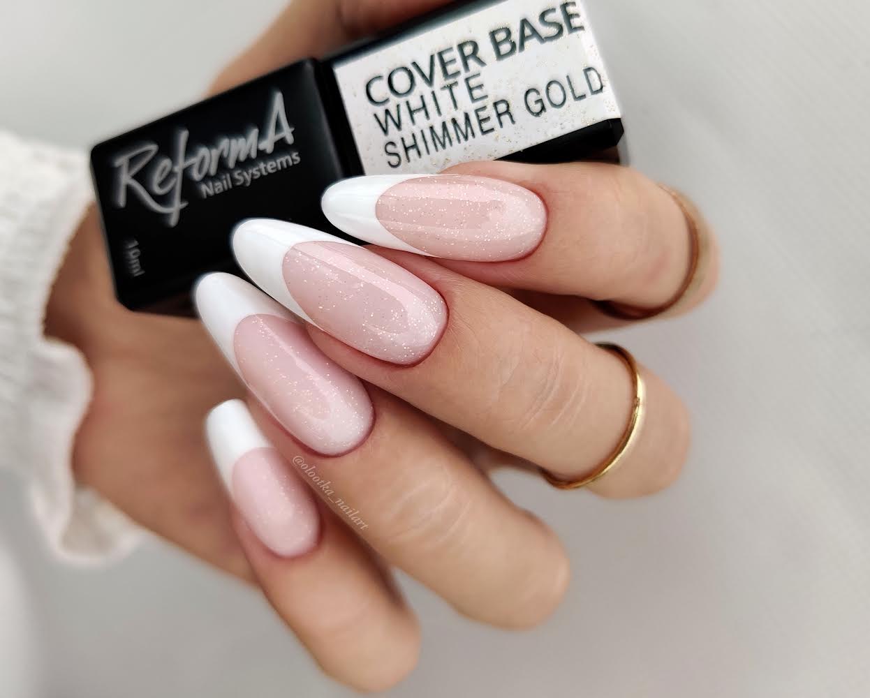 Budująca, trwała, błyszcząca, biała, mleczna baza hybrydowa z brokatem - White Shimmer Gold, 10 ml
