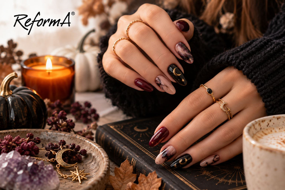 Coven nails na Halloween, mistyczny manicure z gwiazdami