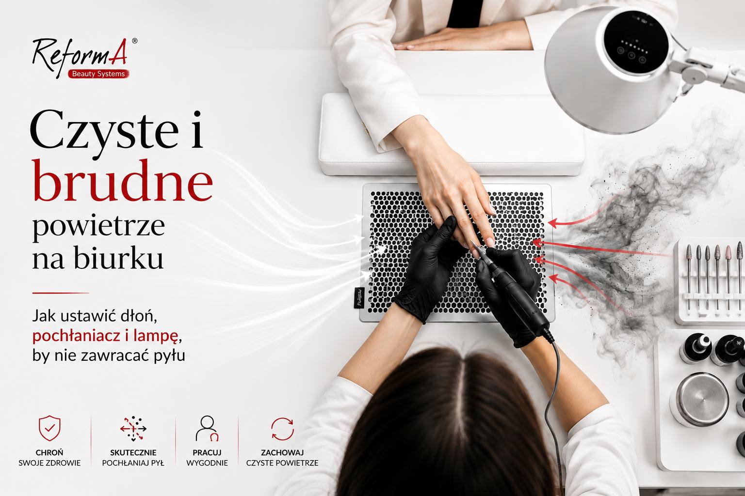 Ustawienie pochłaniacza pyłu do paznokci, plan stanowiska do manicure