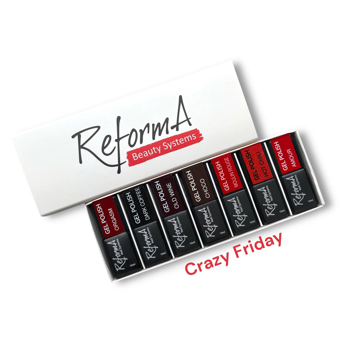 Zestaw lakierów hybrydowych Crazy Friday, 7 x 10 ml - czerwone i brązowe lakiery hybrydowe ReformA